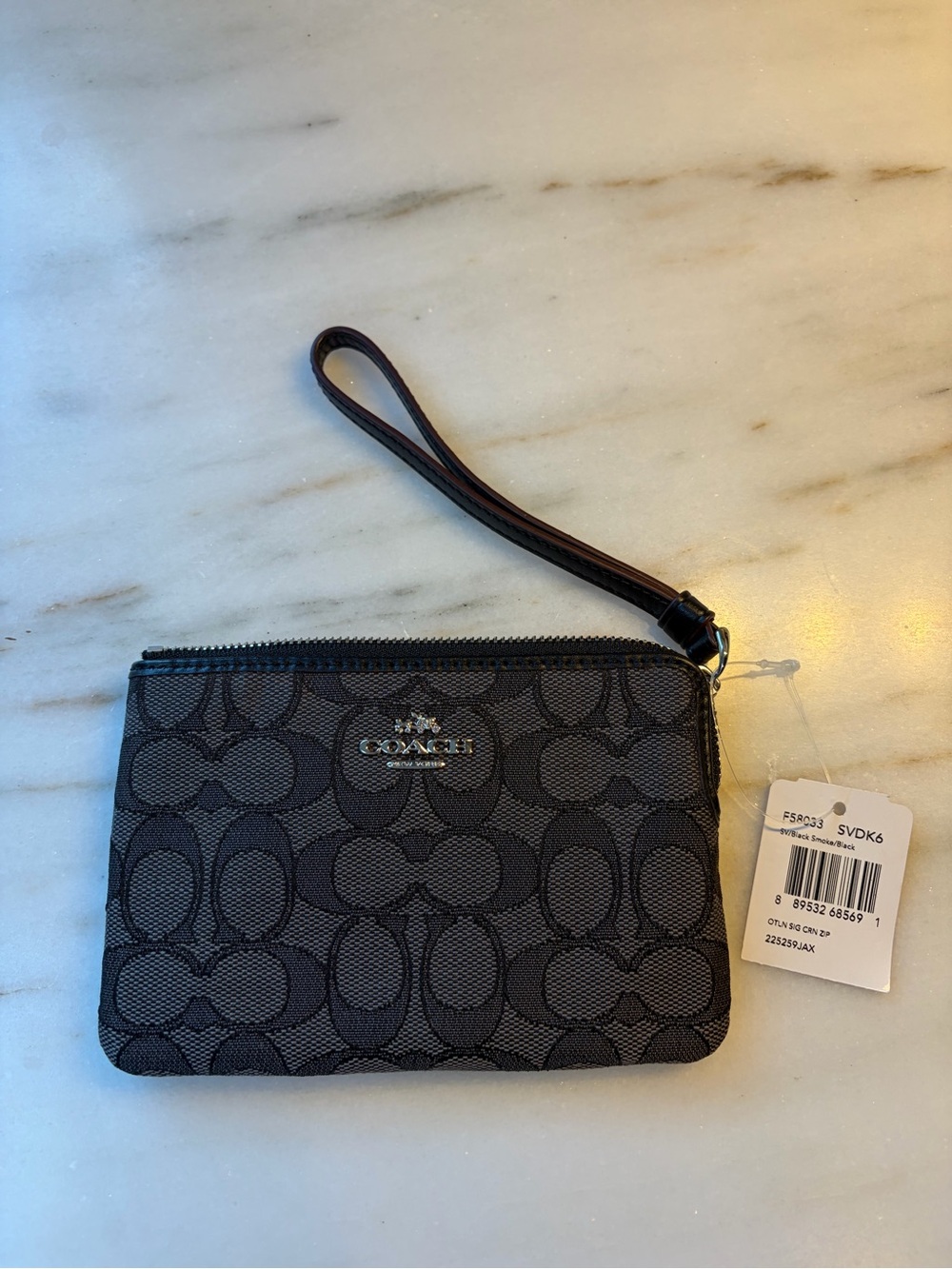 Coach Black Signature Wristlet Pouch with Leather Strap